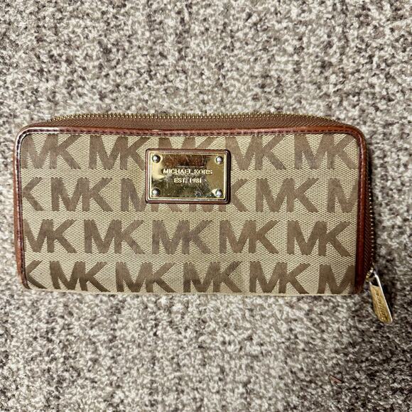 Michael Kors Jet Set Continental Large Khaki/Brown Top Zip Wallet Clutch - Picture 5 of 6